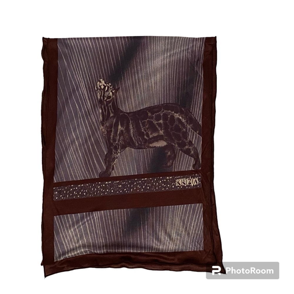 KRIZIA SCARF BLUE WHITE BROWN GRAY CAT PANTHER LEOPARD LONG RECTANGLE SILK ITALY